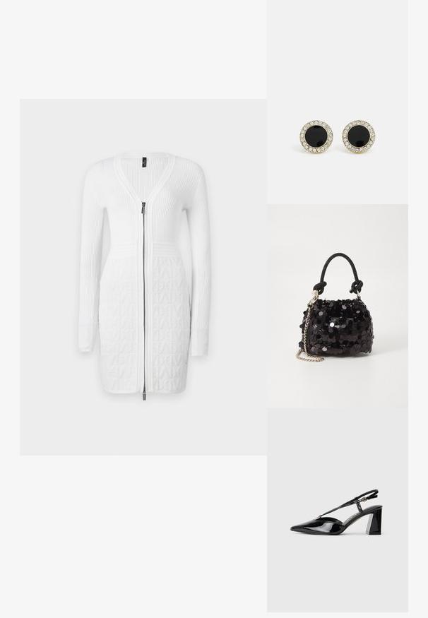 Balta adīta kleita ar zipa priekšpusi, ar ribotām tekstūrām uz piedurknēm un rakstainu apakšējo daļu. Vienkāršs, pieguļošs dizains visā kleitā.; Melnas lakotas ādas sandalējas augstpapēžu kurpes ar smailu purngalu, regulējamu siksniņu un masīlu taisnstūrveida papēdi.; Melna spīguļota mini rokas soma ar mezglotu teksturētu siksniņu un sudraba ķēdi. Apaļa forma ar sakopotām malām un atstarojumu detaļām.; DKNY INLAY STUD - Auskari - black/gold-coloured
