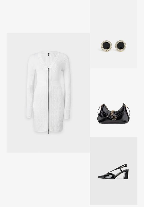 Valge kudumine kleit, millel on eest lukuga, ribidega tekstuur varrukatel ja mustritel alumises osas. Lihtne, keha järgiv disain üle kogu kleidi.; Mustadast mustast lakknahast kõrge kontsaga kingad, millel on terav varvas, reguleeritav rihm ja jäme ristkülikuline konts.; Mustmust mustkott, millel on kaardus disain, kuldsed detailid ja silmapaistev logo. Sisaldab eemaldatavat õlavarre rihma.; DKNY INLAY STUD - Kõrvarõngad - black/gold-coloured