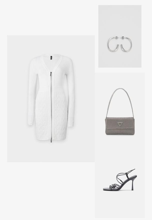 Robe tricotée blanche avec fermeture éclair à l'avant, présentant une texture côtelée sur les manches et un bas à motifs. Design simple et ajusté dans l'ensemble.; Des sandales noires à talons hauts avec des fines lanières au design noué, un bout carré lisse et un talon aiguille élégant.; Sac à main en métal gris clair avec une bandoulière en chaîne, orné de petits clous métalliques ronds et d'un logo de marque triangulaire.; Boucles d'oreilles en argent avec une finition lisse et brillante. Forme arrondie, conception légère, avec un fermoir à tige.