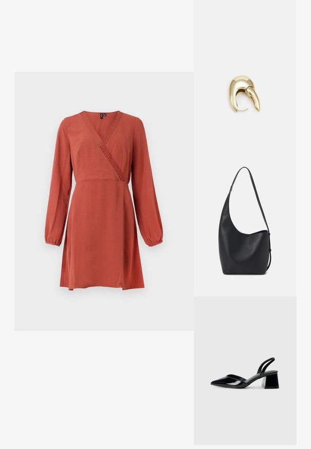 Roostepruun kleit pikkade, õhku täis varrukatega, rätsepatööna, tekstuuriga kangast ja dekoratiivse pitsist äärisega kaeluses.; Mustad musta lakknahk kingad, millel on terav varvas ja geomeetriline plokkkonts. Omab elegantselt minimalistlikku disaini ja sujuvat tekstuuri.; Mustast nahast hobo kott, millel on sile tekstuur, kumer kuju ja üks reguleeritav rihm; peal on lai avaus.; Kuldtooni metallist kõrvarõngas, millel on elegantne ja kaarjas disain. Omab silmapaistvat teravat kuju, poleeritud pinda ja hingesulgemist.