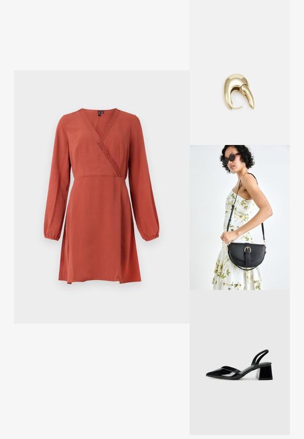 Kopparfärgad klänning med långa ballongärmar, omslagningsdesign, texturerat tyg och dekorerande spetskant längs halsringningen.; Svarta lackläder slingback klackar med spetsig tå och geometrisk klack. Har en elegant, minimalistisk design och slät yta.; Svart läderhandväska med en böjd form, avtagbar rem och guldiga detaljer. Väskan har ett lock med en spänndetalj.; Örhänge i guldtonad metall med en elegant, böjd design. Har en distinkt spetsig form, polerad yta och gångjärnslås.