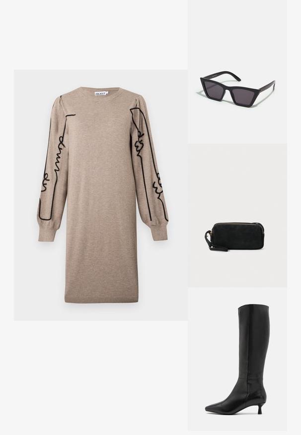 Abito in maglia beige con scollo rotondo e maniche lunghe a sbuffo, caratterizzato da ricami in linea astratta nera lungo le maniche. Orlo e polsini a costine.; Zign Stivali alti - black; Occhiali da sole neri e angolari con lenti grigie; realizzati in plastica, con aste spesse dalla superficie liscia e senza hardware visibile.; Borsa a pochette nera in suede con chiusura a zip e tracolla rimovibile. Presenta hardware in tonalità oro e una texture liscia e opaca.