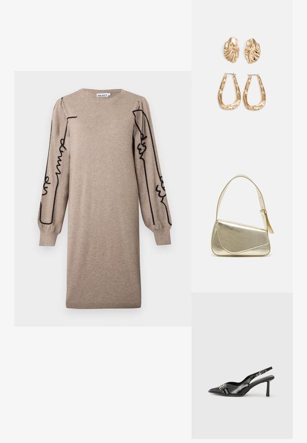 Robe en maille beige avec un col rond et de longues manches bouffantes, ornée de broderies abstraites noires le long des manches. Ourlet et poignets côtelés.; Chaussure slingback en cuir verni noir avec un embout pointu, des brides de cheville avec des boucles en argent et des éléments en métal, et un talon fin.; Sac à main en métal doré avec un design structuré, texture lisse et bandoulière ajustable. Présente une forme triangulaire unique et des coutures minimalistes.; Boucles d'oreilles dorées présentant des formes texturées et ondulées. Comprend des clips sculpturaux et un design de créoles ouvertes avec une finition martelée.