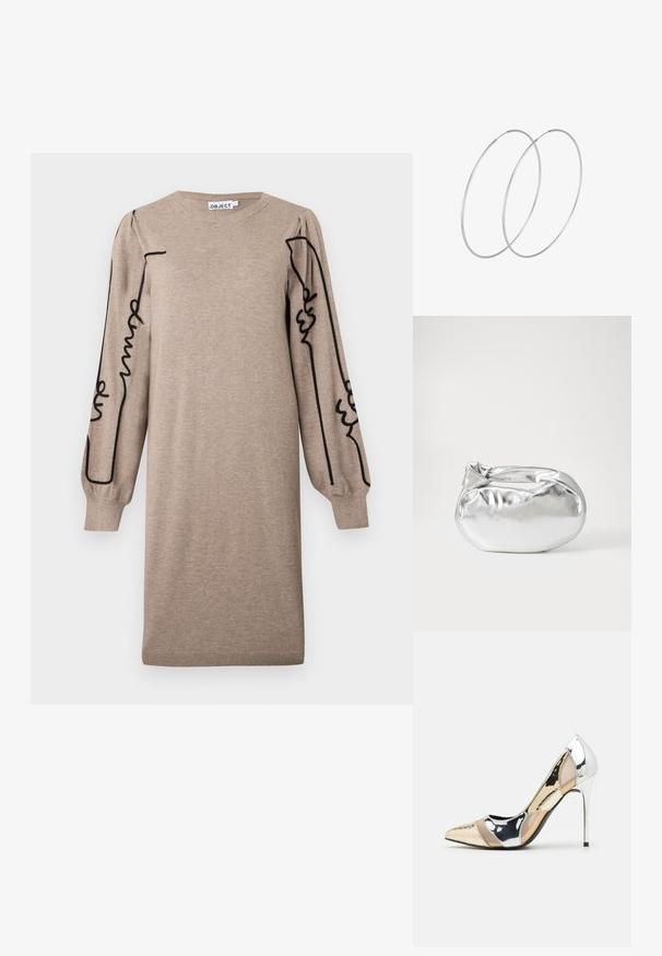 Beige neulemekko, jossa on pyöreä kaula-aukko ja pitkät puffihihat, joita koristaa musta abstrakti viivakirjonta. Ribbaattu helma ja hihansuut.; Korkokenkät, joissa on terävä kärki ja hopea, kultainen sekä nude-väriyhdistelmä. Kiiltävä pinta ja leikkausdesign, varustettuna stikettikorkealla.; Hopeapintainen metallinen pussilaukku, jolla on pehmeä, pyöreä muoto ja solmittava yläosa. Valmistettu sileästä tekonahkamateriaalista.; Hopehope hopeilla, joissa on minimalistinen muotoilu. Pyöreä muoto, sileä pinta ja ohut profiili. Kevyet ja kiillotetut.