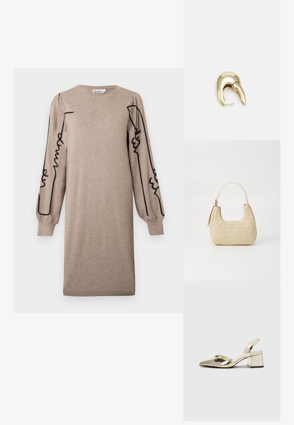 Trikotāžas kleita bēšā krāsā ar apaļu kakla izgriezumu un garām pūkainām piedurknēm, kurām ir melna abstrakta līniju izšuvums gar piedurknēm. Ribota apakšmalā un piedurkņu malās.; Zeltaini, metāla kurpes ar siksniņām, norakans purngalis un masīla papēdis. Gluda tekstūra, minimālisma dizains un šaura siksna.; Aušana salmu rokassoma béigā krāsā ar izliekto formu, īsu rokturi un sānu rāvējslēdzēju. Iespējas teksturēta virsma un minimālistisks dizains.; Zeltīti metāla auskari ar gludu, izliekta dizaina. Ar atšķirīgu smailu formu, pulētu virsmu un eņģu aizdari.