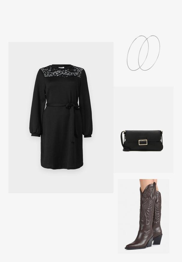 Musta mekko pitkillä hihoilla, pitsiyksityiskohta bodysse, pyöreä kaula-aukko ja kangashihna solmittuna vyötärölle. Pehmeä, tekstuuripintainen kangas.; Ruske nahkasaappaat, joissa on terävä kärki ja laatikkokorko, varustettu yksityiskohtaisella ompelulla ja kohotetuilla yksityiskohdilla varsiosassa.; Musta nahkainen kynäpenkkilaukku, jossa on läppä ja kultainen metallinen solkiyksityiskohta. Mukana musta hihna ja tyylikäs, minimalistinen muotoilu.; Hopehope hopeilla, joissa on minimalistinen muotoilu. Pyöreä muoto, sileä pinta ja ohut profiili. Kevyet ja kiillotetut.