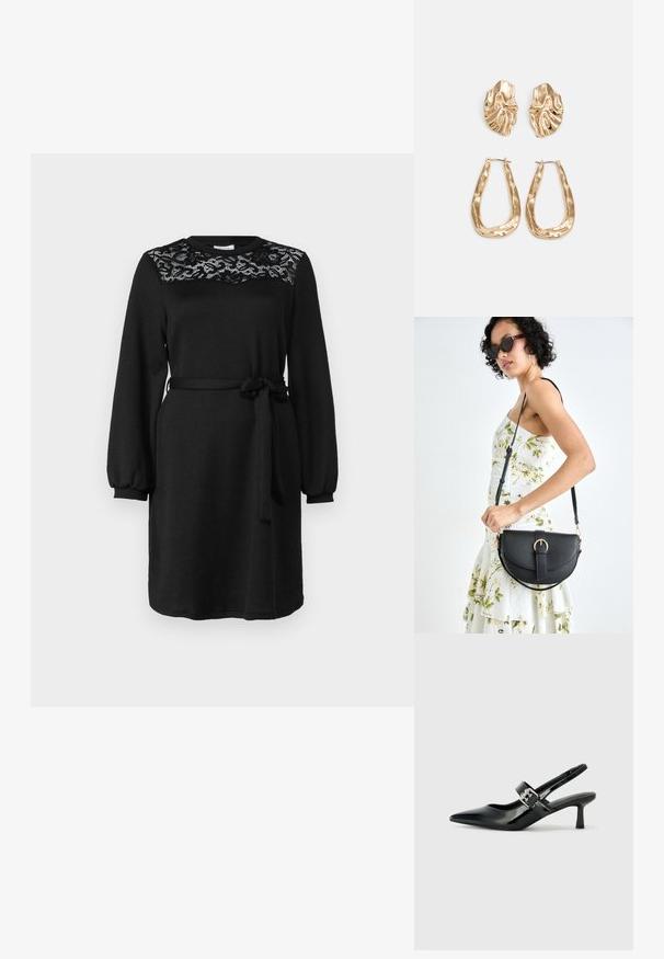 Crna haljina dugih rukava, s čipkastim detaljem na tijelu, okruglim izrezom i remenom od tkanine zavezanom u struku. Mekana, teksturirana tkanina.; Crne lakirane slingback potpetice s oštrim prstom i malom blok petom, s naglaskom na srebrnoj kopči na remenu.; Crna kožna torba s lukovitim oblikom, odvojivim remenom i zlatnim detaljima. Torba ima preklop s kopčom.; Naušnice zlatne boje s teksturiranim, valovitim oblicima. Uključuju skulpturalne kopče i dizajn otvorene kružnice s kovanom završnom obradom.