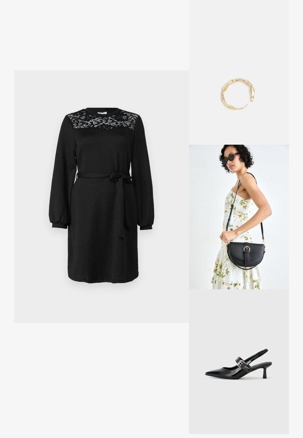 Abito nero con maniche lunghe, dettagli in pizzo sul corpetto, scollatura rotonda e cintura in tessuto annodata in vita. Tessuto morbido e testurizzato.; Décolleté neri in vernice con punta affilata e tacco a blocco piccolo, dotati di un accentuato con fibbia argentata sulla cinturino.; Borsa a tracolla nera in pelle con una forma curva, manico rimovibile e accessori dorati. La borsa presenta una patta con un dettaglio a fibbia.; Anello in tono oro con un design organico e Twisted, caratterizzato da una superficie liscia e punte affusolate, che crea un aspetto moderno e scultoreo.