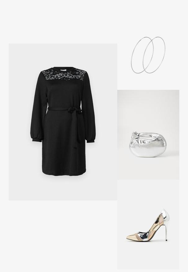 Crna haljina dugih rukava, s čipkastim detaljem na tijelu, okruglim izrezom i remenom od tkanine zavezanom u struku. Mekana, teksturirana tkanina.; Cipele s visokom potpeticom i špicastim vrhom u srebrnoj, zlatnoj i nude boji. Sjajan finiš s izrezbarenim dizajnom, s potpeticom u obliku stiletto.; Srebrna metalik torbica s mekim, zaobljenim oblikom i čvorastim zatvaranjem na vrhu. Izrađena od glatke sintetičke kože.; Srebrne okrugle naušnice s minimalističkim dizajnom. Kružni oblik, glatka tekstura i tanak profil. Lagane s poliranim završetkom.