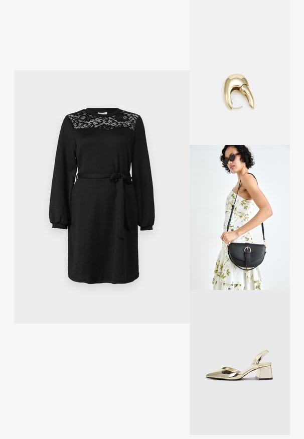 Fekete ruha hosszú ujjakkal, csipkeszerű díszítéssel a mellrésznél, kerek nyakkivágással és deréknál megkötött szövetövvel. Puha, texturált anyag.; Arany, fémből készült slingback sarkú cipők hegyes orral és vastag sarokkal. Simaság, minimalista design és keskeny pánt jellemzi.; Fekete bőrtáska ívelt formával, levehető pánttal és arany színű fémrészekkel. A táskán egy csattal díszített fedél található.; Aranyszínű fém fülbevaló, elegáns, ívelt formával. Különleges hegyes alak, fényes felszín és zsanéros záródás jellemzi.