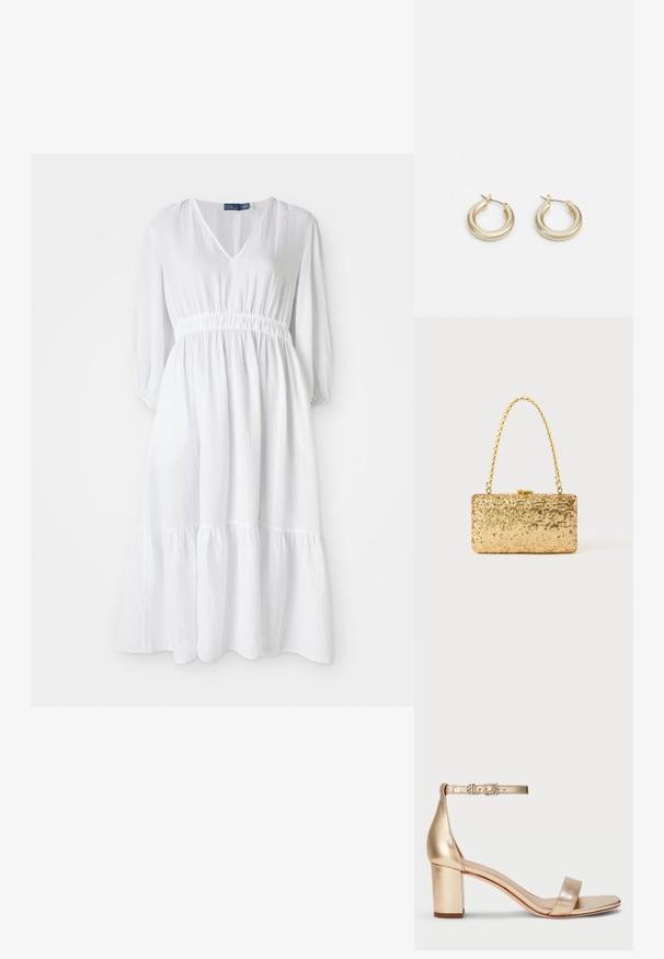 Biela šaty s V-krkom, elastickým pásom a trojštvrťovými rukávmi. Majú vrstvený čipkovaný spodný lem a textúrovanú látku.; Lauren Ralph Lauren LOGAN METALLIC NAPPA LEATHER SANDAL - Sandále - platinum; Zlatá flitrová listová taška s obdĺžnikovým tvarom, vybavená skrúteným reťazovým držadlom a kovovým uzatváraním, odrážajúca svetlo s textúrovaným povrchom.; Lauren Ralph Lauren BASIC SMALL HOOP - Náušnice - gold-coloured