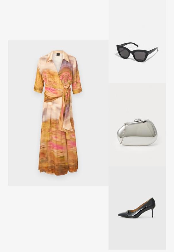 Vrangdress i lett stoff, med et multicolor abstrakt mønster i rosa, oransje og gule nyanser. Korte ermer og knyttet midje.; Sorte patent lær høyhælte sko med spiss tå, dekorativ stroppdetalj foran og tynn stiletthel.; Sorte katteau solbriller med mat finish, featuring grå tonede linser, skarpe vinkler og slanke sidearme. Merkenavn synlig på den indre armen.; Sølv metall clutch med en avrundet, glatt form. Har en clasp-lukking og en avtagbar kjedehåndtak. Reflekterende overflate uten mønstre.