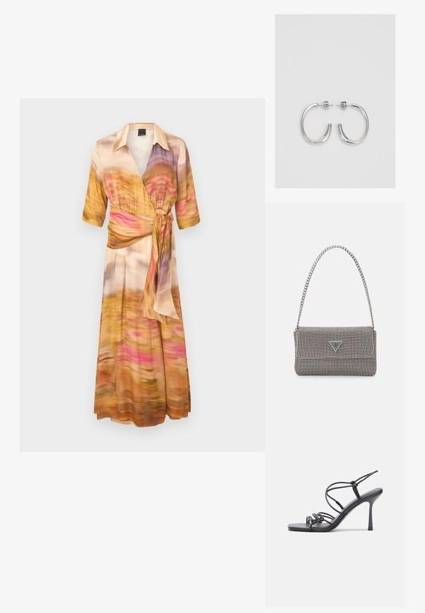 Rochie în stil wrap dintr-un material ușor, având un model abstract multicolor în nuanțe de roz, portocaliu și galben. Mâneci scurte și talie legată.; Sandale negre cu toc înalt au curele subțiri cu un design legat, un vârf pătrat neted și un toc stiletto elegant.; Geantă metalică gri deschis, cu un strap din lanț, decorată cu mici ținte circulare metalice și un logo de marcă triangular.; Cercei rotunzi din argint cu un finisaj neted și strălucitor. Design ușor, având o formă rotundă și închidere cu tijă.