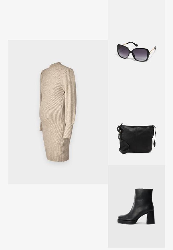 Vestido de maternidade de malha em bege claro, apresentando um decote alto, textura canelada, mangas longas e uma silhueta ajustada com fendas laterais.; Bota de couro preta até ao tornozelo com salto bloco e sola com plataforma, vista de lado sobre um fundo branco liso.; Óculos de sol oversized pretos com lentes degradê, armações grossas e detalhes em corrente dourada nas hastes.; Mala de ombro em couro preto com forma plana, detalhes em metal dourado e alça ajustável. Textura suave com detalhes de costura mínimos.