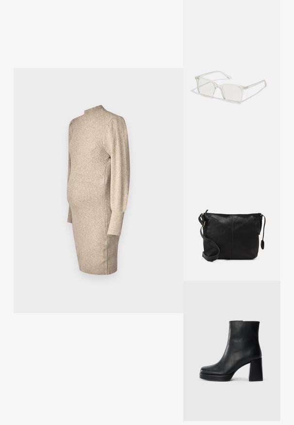 Vestido de maternidade de malha em bege claro, apresentando um decote alto, textura canelada, mangas longas e uma silhueta ajustada com fendas laterais.; Bota de couro preta até ao tornozelo com salto bloco e sola com plataforma, vista de lado sobre um fundo branco liso.; Óculos quadrados de plástico transparente com lentes translúcidas, apresentando detalhes em dourado nas hastes.; Mala de ombro em couro preto com forma plana, detalhes em metal dourado e alça ajustável. Textura suave com detalhes de costura mínimos.