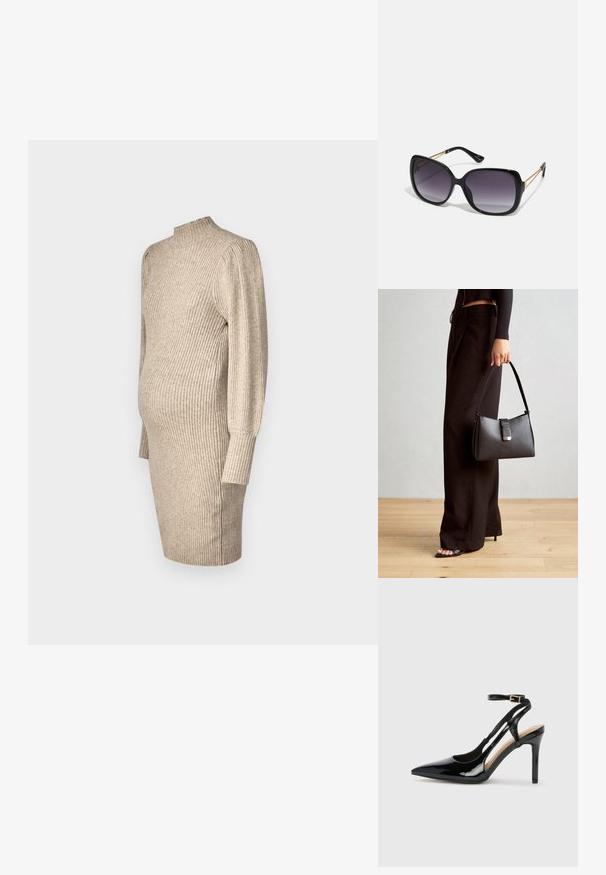 Knit maternity dress in light beige, featuring a high neckline, ribbed texture, long sleeves, and a fitted silhouette with side slits.; Black patent leather high-heeled slingback shoe with pointed toe, adjustable ankle strap, and open sides. Smooth texture.; Black oversized sunglasses with gradient lenses, thick frames, and gold-tone chain detailing on the temple arms.; Black handbag with structured shape, smooth texture, and a metallic clasp. Paired with wide black pants and open-toe sandals on wooden floor.