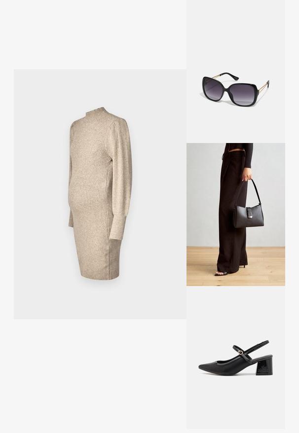 Mezgamos nėštumo suknelė šviesiai smėlio spalvos, su aukštu kaklu, raukšlėtu tekstūru, ilgomis rankovėmis ir prigludusia siluetu su šoninėmis skeldomis.; Juodi patentinio odos slingback aukštakulniai su smailiu pirštu, apvaliu išpjovimu ir blokiniu kulnu. Papuošti auksiniu juostos akcentu.; Juodos didelės saulės akinių su pereinamais objektyvais, storomis rėmeliais ir auksinės spalvos grandinėmis ant šventyklų.; Juodas rankinė struktūrizuota forma, lygi tekstūra ir metalinis užsegimas. Suporuota su plačiomis juodomis kelnėmis ir atvirais bateliais ant medinių grindų.