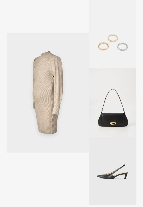 Abito premaman in maglia di un beige chiaro, caratterizzato da un colletto alto, texture a coste, maniche lunghe e una silhouette aderente con spacchi laterali.; Scarpa slingback nera con punta affilata e tacco basso, realizzata in pelle liscia e con un design a taglio laterale per favorire la traspirabilità.; Borsa a tracolla in pelle nera con design curvo, hardware color oro e manico superiore. Caratterizzata da una chiusura elegante e una superficie liscia.; Tre anelli metallici: uno in oro rosa, uno in oro con dettagli in rilievo e uno in argento, tutti con marchi incisi sulla parte interna.