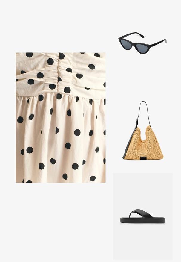 Crèmekleurige katoenen jurk met een geplooide bovenkant en een uitlopende rok, bedrukt met grote zwarte stippen over het hele oppervlak. Zachte textuur.; Zwarte flip-flop sandalen met een soepele bovenband en een gestructureerde platformzool. Minimalistisch ontwerp met een laag profiel.; Zwarte cat-eye zonnebril met donkergrijze lenzen, slank plastic frame, puntige hoeken en rechte pootjes. Geen zichtbare hardware of accenten.; Natuurlijk geweven strookentasje met een gestructureerd oppervlak, grote open bovenkant, gebogen vorm en een donkere leren band. Kenmerkt zich door een zwarte accent aan de basis.
