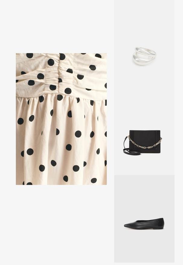 Kremna bombažna obleka z nabranim zgornjim delom in razširjeno krilom, okrašena z velikimi črnimi pikami po celotni površini. Mehka tekstura.; Črne usnjene balerinke, koničast toe, minimalističen dizajn, gladka tekstura, nizka peta, brez vidnih kovinskih delov ali okraskov.; Črna usnjena torba čez ramo z gladko teksturo, pravokotno obliko in kovinskim verižnim detajlom spredaj. Vključena je nastavljiva naramnica.; Srebrn dvojni prstan z gladko, polirano površino. Ima tekoč, ukrivljen dizajn z prekrivajočimi se sekcijami za sodoben videz.