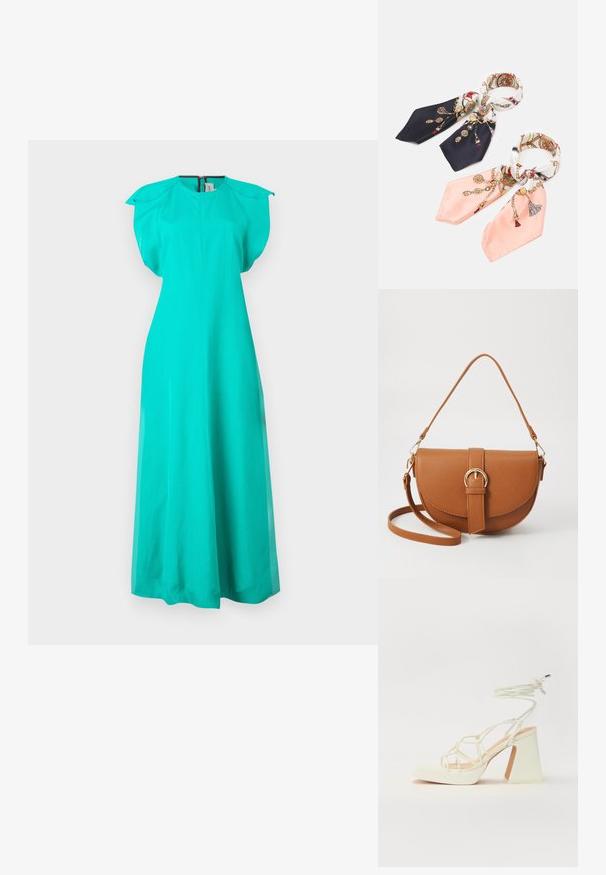 Tyrkysové dlhé šaty s krátkymi nazberanými rukávmi, vysokým výstrihom a hladkou textúrou. Obsahujú zips na chrbte a splývavý strih.; Biele sandále na vysokom opätku s hrubým podpätkom, s pruhovaným dizajnom a viazaním na členku. Hladký povrch s platformou vpredu pre zvýšenú výšku.; Anna Field 2 PACK - Fulár - dark blue/pink; Hnedá kožená kabelka cez telo s zakriveným tvarom, zlatými kovovými doplnkami a akcentom s prackou. Obsahuje odnímateľný ramenný popruh.