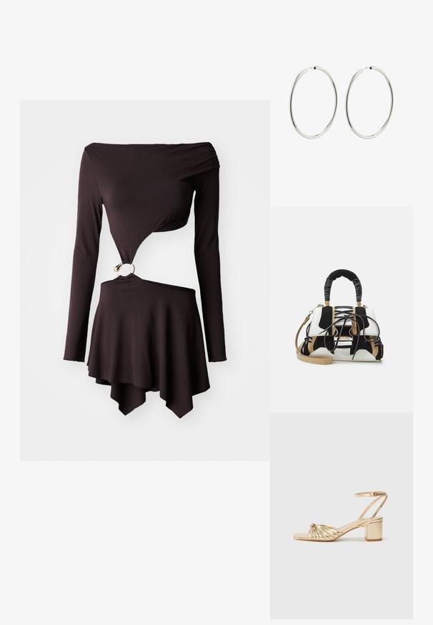 Melna garām piedurknēm krekls ar asimetrisku apakšmalu, ar pagriešanas dizainu un apļveida zelta detaļu jostasvietā. Mīksts, elastīgs materiāls.; Zelta zole ar saržotu siksnu, atvērtu purngalu un potītes siksniņu. Aprīkota ar bloku papēdi un vienmērīgu metālisku apdari.; Daudzkrāsaina soma ar melnu, baltu un bēša sietu. Somas priekšpusē ir teksturēts rokturis, lentes dizains un noņemams plecu siksniņa.; Sudraba riņķa auskari ar gludu, pulētu apdari. Apaļa forma, vienāda platuma, izstrādāti vieglai aizdarei. Vienkārši un eleganti.