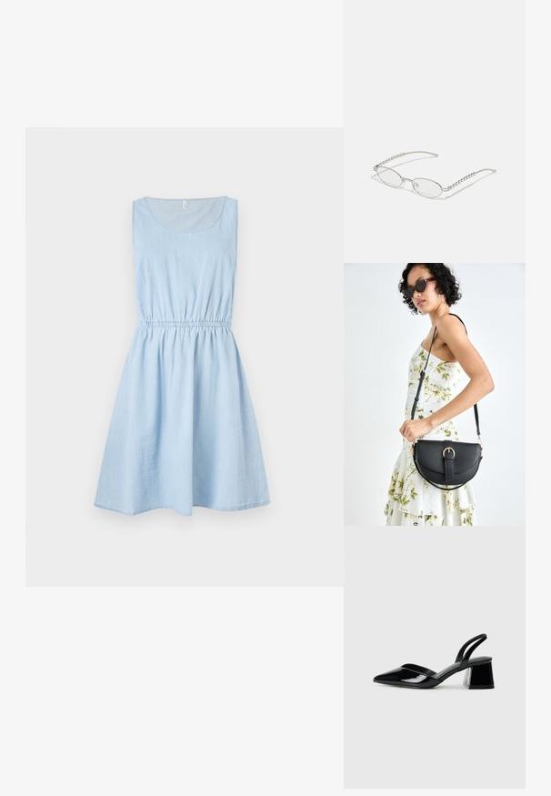 Šviesiai mėlyna be rankovių džinsinė suknelė, turinti elastinę juosmenį ir platėjančią sijoną, su apvaliu kaklu ir subtilia tekstūra.; Juodos lakuotos odinės šlepetės su smailiu pirštu ir geometriniu bloko kulnu. Turi elegantišką, minimalistinį dizainą ir lygų paviršių.; Ovalios akiniai su metaliniu sidabriniu rėmu, skaidriais objektyvais ir tekstūruotais karoliukų akcentais ant šventyklų. Lengvas dizainas su kreivomis šakėmis.; Juodas odinis krepšys su išlenkta forma, nuimamu dirželiu ir auksiniais detalėmis. Krepšys turi kilpą su sagtimi.