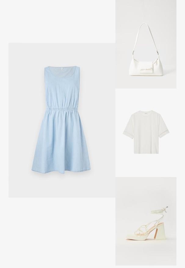 Gaiši zila bez piedurknēm kleita, izgatavota no denima, ar elastīgu jostu un izlocītu svārku, apaļu dekoltē un vieglu tekstūru.; Balta īsām piedurknēm T-kreklu, izgatavotu no kokvilnas, ar dekoratīvu mežģīņu apdari ap piedurknēm un apaļu kakla izgriezumu.; Baltas augstpapēžu sandales ar masīvu papēdi, ar siksnu dizainu un potītes saistītiem elementiem. Gluda tekstūra ar platformu priekšpusē, lai nodrošinātu papildu augstumu.; Balta sintētiska soma ar trīsstūrveida formu, plakanu priekšējo vāciņu un loku detaļu, regulējamu siksnu, gludu tekstūru un minimālistisku dizainu.