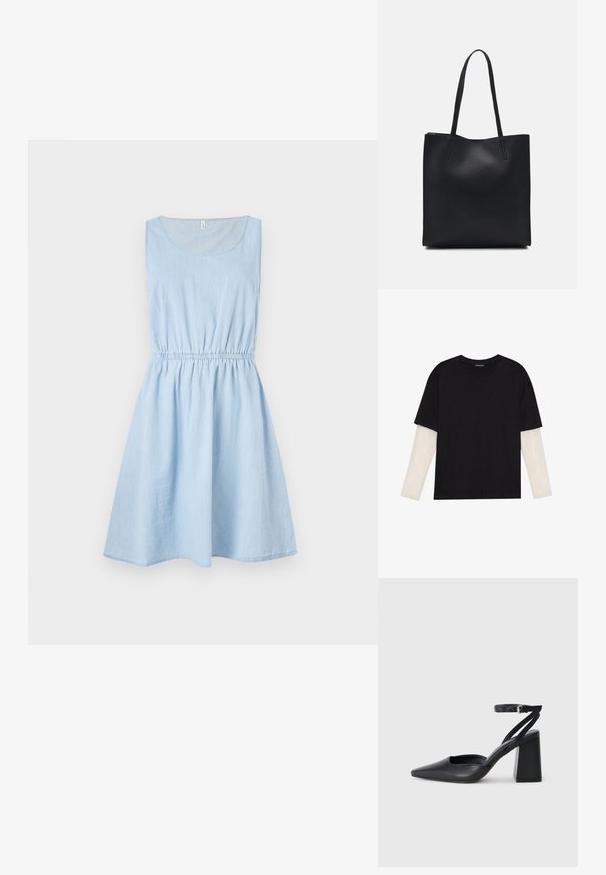 Svijetloplava haljina bez rukava od denima, s elastičnom strukom i suknjom u A kroju, okruglog izreza i suptilnom teksturom.; Crni majica od pamuka, s kratkim rukavima preko bijele dugorukave slojevite s suptilnim teksturiranim uzorkom. Dizajn s okruglim izrezom.; Crne kožne cipele s špicastim vrhom, remenom oko gležnja i debelim potplatom. Ravna tekstura, elegantan dizajn i minimalistička estetika.; Crna kožna torba za nošenje s glatkom teksturom, pravokutnim oblikom i dvije duge ručke. Nema vidljivih metalnih dijelova ili ukrasa.
