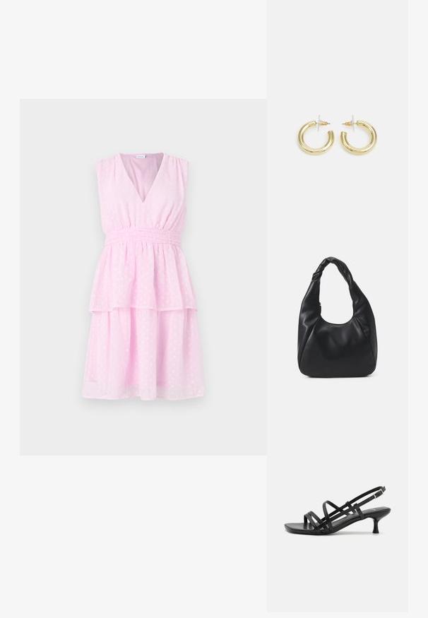Ružové šaty s výstrihom do V, bez rukávov, so zloženými vrstvami a textúrovanými bodkami. Obsahujú zhušťovaciu pásku v páse pre priliehavý vzhľad.; Čierne sandále na podpätku s viacerými prekríženými remienkami. Hladký materiál, špicatá špička a úzky podpätok. Nastaviteľný remienok okolo členka s prackou.; Čierna kabelka typu hobo z hladkého materiálu podobného kože s prekrútenou rukoväťou, s jemným, zaobleným tvarom a vrchným zipsom.; Zlaté kruhové náušnice s hladkým, lesklým povrchom. Cirkulárny dizajn s malým steblom a jasným záznamom pre bezpečné nosenie.