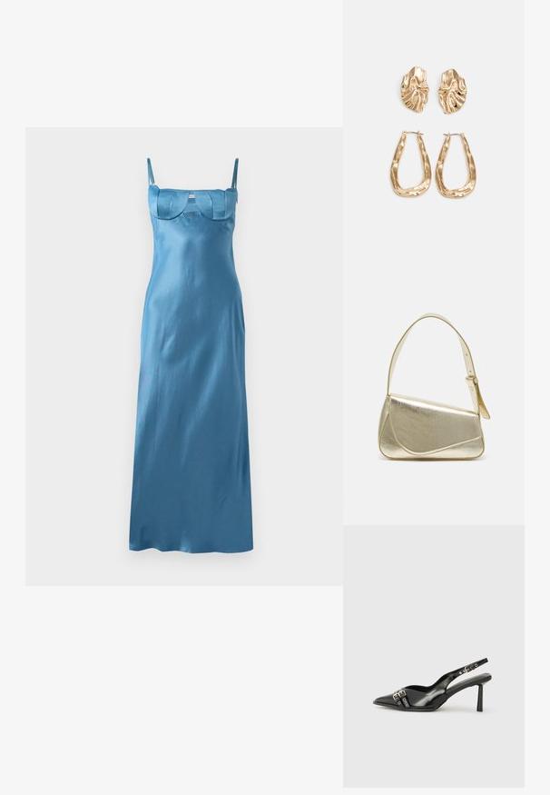Duga, elegantna plava satenska haljina s tankim trakama i strukturiranim, valovitim korzetom. Glatka tekstura s lepršavim siluetom.; Crna lakirana slingback cipela s izduženim vrhom, remenčićima oko gležnja s srebrnim kopčama i dijelovima, te vitkim potplatom.; Zlatna metalna torba s uređenim dizajnom, glatkom teksturom i podesivim remenom. Ima jedinstven trokutasti oblik i minimalističko šivanje.; Naušnice zlatne boje s teksturiranim, valovitim oblicima. Uključuju skulpturalne kopče i dizajn otvorene kružnice s kovanom završnom obradom.