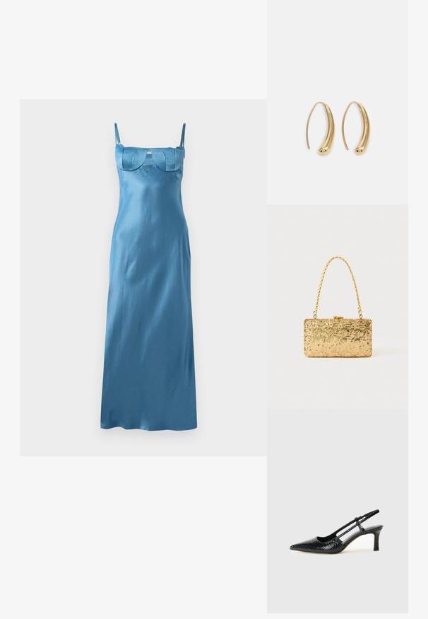 Hosszú, karcsú kék selyemruha vékony pántokkal és struktúrált, hullámos dekoltázzsal. Sima textúra, lágy vonalvezetés.; Fekete lakk slingback sarok, hegyes orral, texturált kígyómintával, állítható pánttal és rövid, texturált tömbsarkal.; Arany flitteres clutch táska, téglalap alakú, csavart lánckarabinerekkel és fém záródással, mely fényt tükröz a textúrált felületének köszönhetően.; Aranyszínű fémből készült karika fülbevalók ívelt, hosszúkás formával. Simaságával és fényes felületével, valamint lekerekített végével további részletekkel bővül.