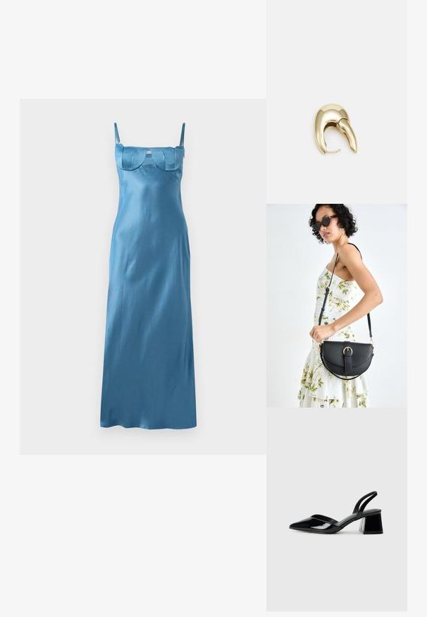 Dlhé, štíhle modré saténové šaty s tenkými ramienkami a štruktúrovaným, vlnitým korzetom. Hladký povrch s voľnou siluetou.; Čierne lakované kožené sandálové podpätky s špicatou špičkou a geometrickým blokovým podpätkom. Disponujú elegantným, minimalistickým dizajnom a hladkým povrchom.; Čierna kožená kabelka s zaobleným tvarom, odnímateľným popruhom a zlatými doplnkami. Kabelka má klopu s detailom s prackou.; Náušnice z kovu v zlatej farbe s elegantným, zakriveným dizajnom. Majú charakteristický špicatý tvar, leštený povrch a uzáver na pánt.