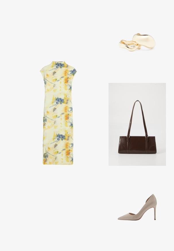 Kukallinen mekko pehmeästä kankaasta; sisältää sekoitettuja keltaisia, sinisiä ja harmaita värejä; hihattomat, korkea kaula-aukko ja vartalonmyötäinen siluetti.; Mango ASYMMETRISCHE MET EFFECT - Korolliset avokkaat - grey; Ruskea patentoitu nahkalaukku, jossa on suorakaiteen muotoinen malli, kaksi pitkää kantohihnaa ja hienovaraiset kaarevat yksityiskohdat etuosassa.; Kultaisten korvakorujen orgaaninen, pavun muotoinen muotoilu ja sileä, heijastava pinta; sisältää minimalistisen suunnittelun ilman näkyvää mekanismia.