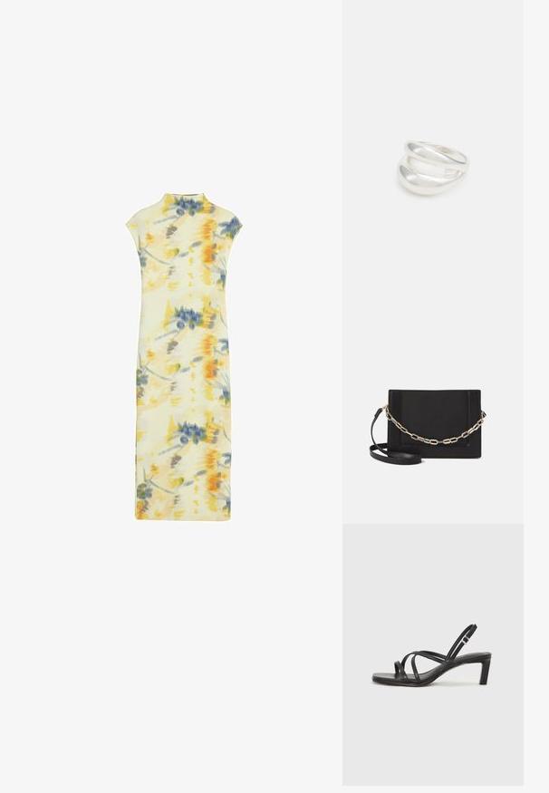 Gėlėmis dekoruota suknelė minkšto audinio; apima derinamus geltonos, mėlynos ir pilkos spalvas; trumpi rankoviai, aukštas kaklas ir prigludusi siluetas.; Juodi šlepetės su kvadratiniu pirštu ir žemu bloku kulnu. Yra keli ploni dirželiai ir reguliuojamas kulkšnies diržas. Pagaminti iš lygios odos.; Juodas odinis per petį nešiojamas krepšys turi lygų paviršių, stačiakampio formą ir metalinę grandinėlę priekyje. Pridedama reguliuojama dirželis.; Sidabrinis dvigubas žiedas su lygiu, poliruotu paviršiumi. Pasižymi sklandžiu, kreiptu dizainu su persipinančiomis dalimis, suteikiančiomis modernų išvaizdą.