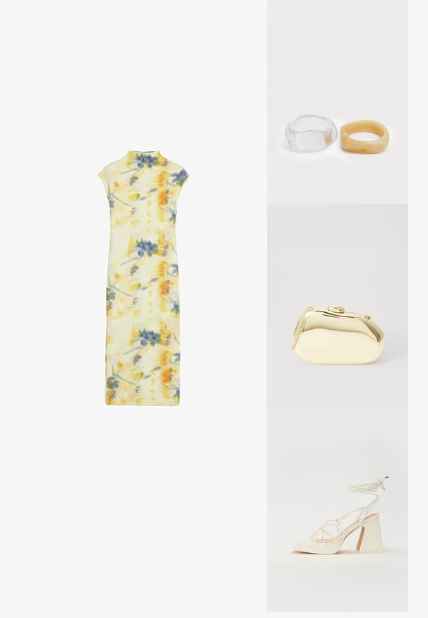 Rochie cu imprimeu floral dintr-un material moale; caracterizată prin culori îmbinate de galben, albastru și gri; mâneci tip capac, gât înalt și siluetă ajustată.; Sandale albe cu toc înalt și gros, cu un design cu curele și legătură la gleznă. Textură netedă, cu o platformă frontală pentru înălțime suplimentară.; Clutch metalizat de culoare aurie, cu o formă netedă și rotundă, având un închizător tip buton în partea de sus și o curea mică pentru purtare.; Inele din rășină clară și chihlimbar, unul neted și transparent, iar celălalt cu o finisare texturată, de chihlimbar. Ambele au un design rotund și suculent.