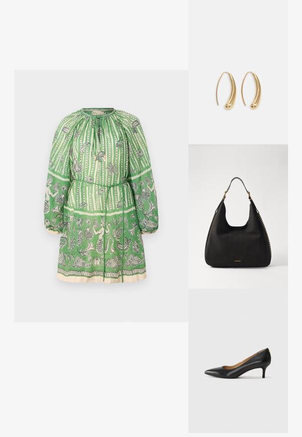 Zelené šaty s vzorom, ktoré majú úzky pás, dlhé nafúknuté rukávy a okrúhly výstrih s detailom v tvare kľúčovej diery. Vzory obsahujú rôzne motívy.; Čierny kožený podpatek s špicatou špičkou, nízkym opätkom a hladkým povrchom. Obsahuje mierne otvorenie vpredu a minimálne kovové detaily na zadnej strane.; MICHAEL Michael Kors NOLITA HOBO  - Kabelka - black; Náušnice vo forme zlatých kovových kruhov s zakriveným, predĺženým tvarom. Majú hladký, lesklý povrch a zaoblený koniec pre pridanie detailu.
