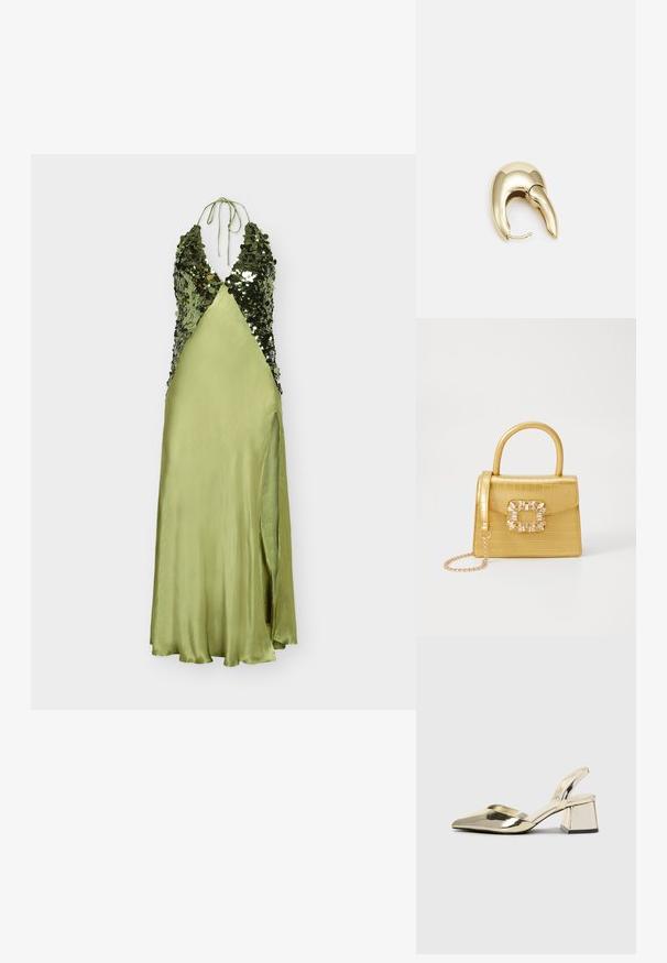 Halter-neck dress in light green with sequined bodice and satin skirt, featuring a deep V-neck and a side slit, smooth texture.; Gold, metallic slingback heels with a pointed toe and chunky heel. Smooth texture, minimalistic design, and a narrow strap.; Yellow faux-crocodile handbag with a structured design, top handle, detachable chain strap, and decorative crystal embellishment on the clasp.; Gold-tone metal earring with a sleek, curved design. Features a distinctive pointed shape, polished surface, and hinge closure.