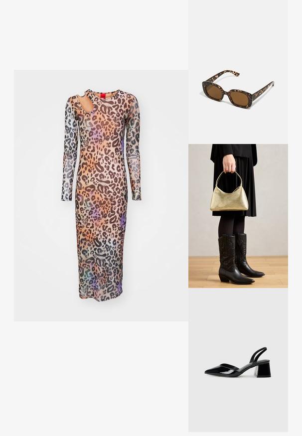 HUGO NALUSIA - Kokteilikleit/peokleit - multi-coloured; Mustad musta lakknahk kingad, millel on terav varvas ja geomeetriline plokkkonts. Omab elegantselt minimalistlikku disaini ja sujuvat tekstuuri.; Kilpkonnakilbi päikeseprillid ümmarguse, paksu raamiga ja pruunide läätsedega. Omab peeneid mustreid ja sirgeid, kitsenevaid käsi.; Kuldse tekstuuriga kott, millel on kõver kuju ja lühike käepide, hoiab inimene, kes kannab musta plisseerkätikut ja musti nahast cowboy-saapaid.