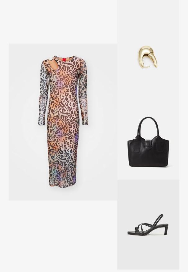 HUGO NALUSIA - Robe de soirée - multi-coloured; Sandale noire à lanières avec un bout carré et un petit talon bloc. Elle présente plusieurs fines lanières et une sangle de cheville ajustable. Fabriquée en cuir lisse.; Sac fourre-tout en cuir noir avec une texture lisse, une forme structurée, deux poignées et un détail en boucle argentée proéminent à l'avant.; Boucle d'oreille en métal doré avec un design élégant et courbé. Présente une forme conique distinctive, une surface polie et une fermeture à charnière.