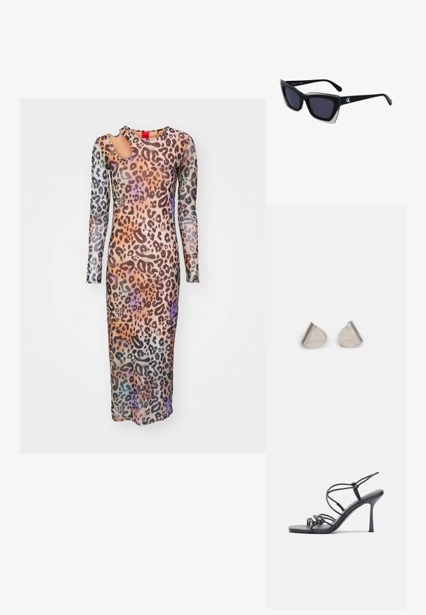 HUGO NALUSIA - Rochie cocktail/Rochie petrecere - multi-coloured; Sandale negre cu toc înalt au curele subțiri cu un design legat, un vârf pătrat neted și un toc stiletto elegant.; Ochelari de soare supradimensionați, negri, cu o formă geometrică, având lentile întunecate și un detaliu gri contrastant pe ramă. Logo pe braț.; Cercei din metal argintiu cu o formă netedă, în formă de lacrimă și un finisaj lucios. Gravuri subtile adaugă detalii. Design minimalist.