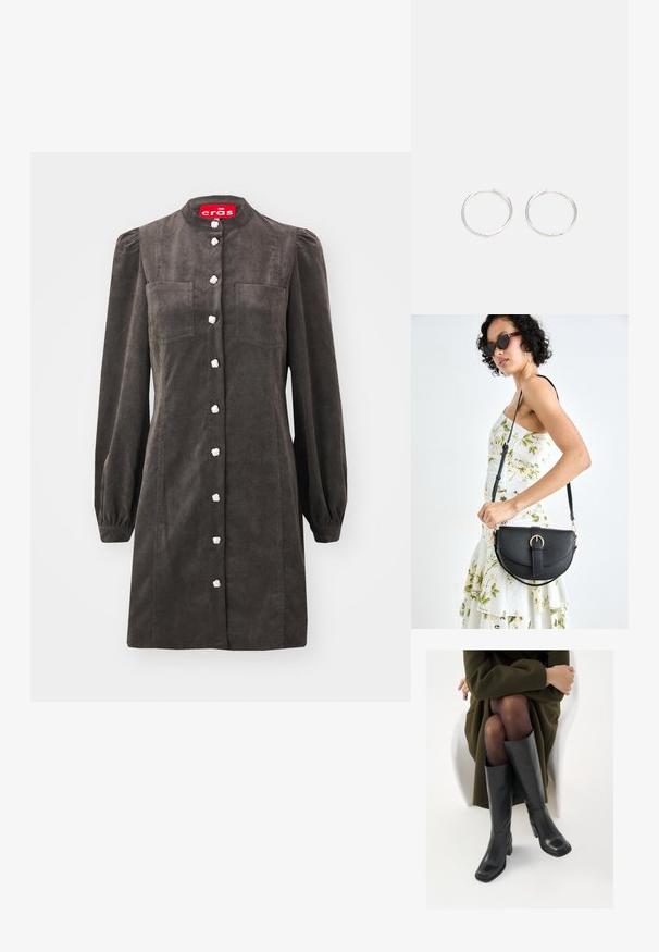 Rochie din corduroy gri închis, cu mâneci lungi și bufante, închidere cu nasturi în față, două buzunare la piept și nasturi asemănători cu perlele. Textură netedă și croi ajustat.; Cizme din piele neagră, până la genunchi, cu vârf pătrat și toc bloc, prezentate pe un model așezat într-o haină verde măsline. Textură netedă, detalii minime.; Geantă din piele neagră, cu o formă curbată, curea detașabilă și accesorii aurii. Geanta are un capac cu un detaliu tip cataramă.; Cercei din argint cu un design elegant și rotund, având o suprafață netedă și fără embellismente vizibile. Diametrul nu este specificat.