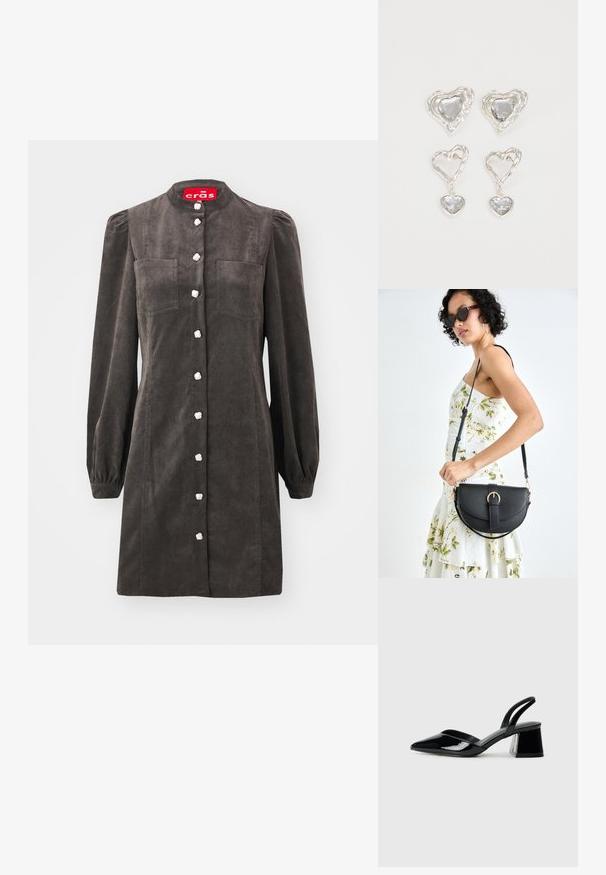 Temno siva kordurova obleka z dolgimi napihnjenimi rokavi, gumbom spredaj, dvema žepoma na prsih in perlastimi gumbi. Gladka tekstura in prilagojen kroj.; Črne lakirane slingback pete s koničastim nosom in geometrijsko blokasto peto. Imajo eleganten, minimalističen dizajn in gladko teksturo.; Črna usnjena torbica s ukrivljeno obliko, z odstranljivo naramnico in zlatimi dodatki. Torbica ima pokrov s podrobnostmi v obliki zaponke.; Srebrni uhani v obliki srca vsebujejo fasetirane prosojne kamne ter teksturiran okvir. Komplet vključuje stenske in viseče sloge.