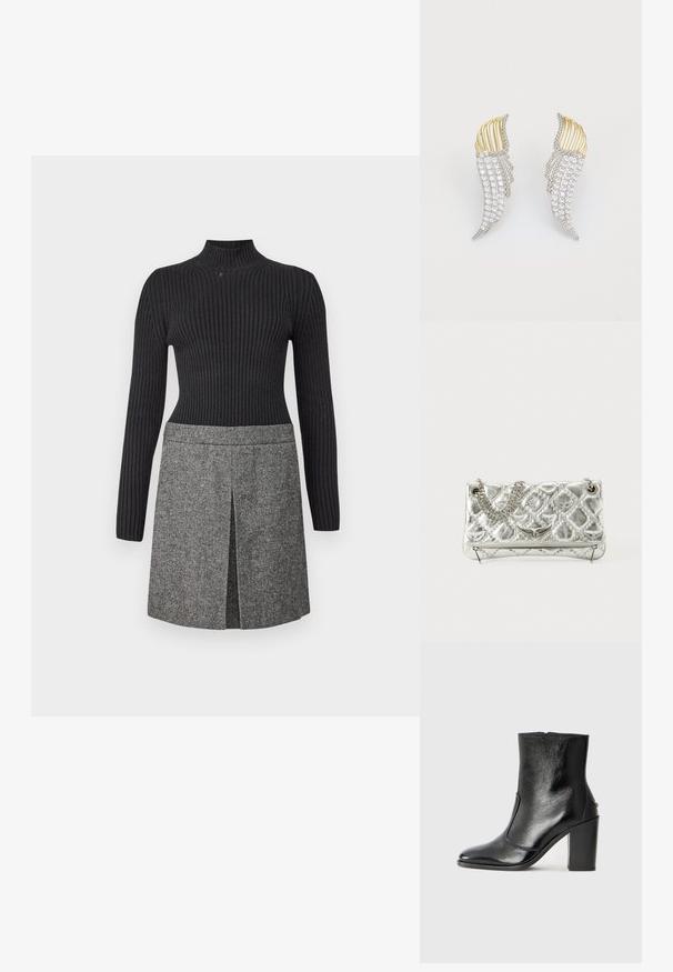Úpletový černý rolák s žebrovanou strukturou spárovaný se šedou tkanou sukní s předním rozparkem a jemnými vzorovými detaily.; Černé kožené kotníkové boty s hladkou texturou, špičatou špičkou a robustním vysokým podpatkem. Mají boční otvor a minimalistický design.; Stříbrná metalická kabelka s řetízkem, prošívanou texturou, dekorativním stehem a zipovým uzávěrem. Obsahuje embosované detaily na přední straně.; Dvoje náušnic ve tvaru křídel, vyrobené ze stříbrně tónovaného kovu s čirými kulatými kamínky a zlatě tónovanými akcenty v vrstveném designu.