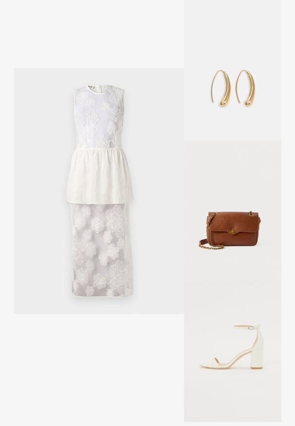 Bela obleka s brezrokavnim zgornjim delom, ki vključuje cvetlični vezenin, plastev pepluma v pasu in prosojno spodnje krilo, okrašeno s cvetličnimi vzorci.; Bela usnjena sandala z blok peto, ki ima zanko okoli gležnja s sponko in minimalističen dizajn. Odkrit prst in gladke teksture po vsej površini.; Rjava usnjena torba čez ramo s pokrovom, zlatim okovjem in verižnim trakom. Gladka tekstura, pravokotna oblika, minimalno podrobnosti.; Zlato-tonirani kovinski uhani v obliki obroča s krivuljo in podolgovato obliko. Imajo gladko, sijočo površino in zaobljen vrh za dodaten detajl.