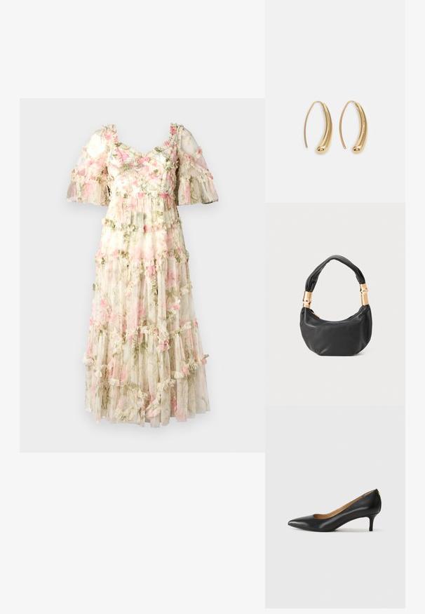 Vestido maxi em tecido floral translúcido com camadas de volantes. Apresenta mangas curtas, flores rosa suave sobre um fundo creme e um corpete ajustado.; Sapato de salto alto em pele preta com bico fino, salto baixo e textura suave. Apresenta uma ligeira abertura na parte da frente e mínima ferragem na parte de trás.; Mala de mão em couro preto com forma redonda, textura suave e alça com nó, apresentando detalhes em metal dourado. Fecho em zíper.; Brincos em metal dourado com forma de arco alongado e curvado. Apresentam uma superfície lisa e brilhante, com uma ponta arredondada para um detalhe adicional.