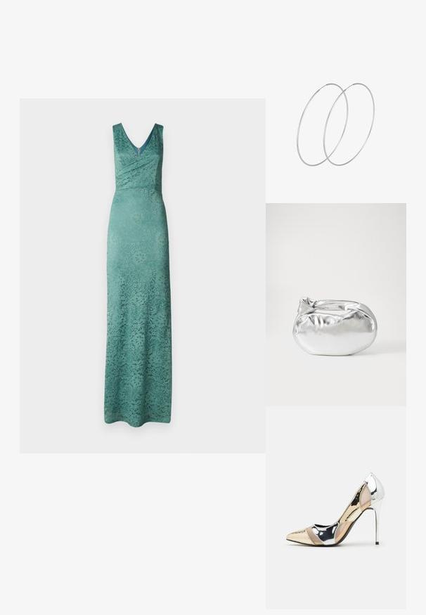 Mėtų žalia nėriniuota maksi suknelė su V formos iškirpte, prigludusia juosmens dalimi ir gėlių raštu. Audinys pasižymi lygiu tekstūru ir subtiliu blizgesiu.; Aštrus pirštas aukštakulnis batelis su sidabro, aukso ir nuogų spalvų deriniu. Blizgus paviršius su išpjovos dizainu, su stiletto kulnu.; Sidabrinė metalinė maišelio forma su švelnia, apvalia forma ir mazgu užveriamu viršumi. Pagaminta iš lygios dirbtinės odos medžiagos.; Sidabrinės pusmėnulio auskarai minimalistiniu dizainu. Apskritimo forma, lygus paviršius ir plonas profilis. Lengvi su poliruotu apdailu.