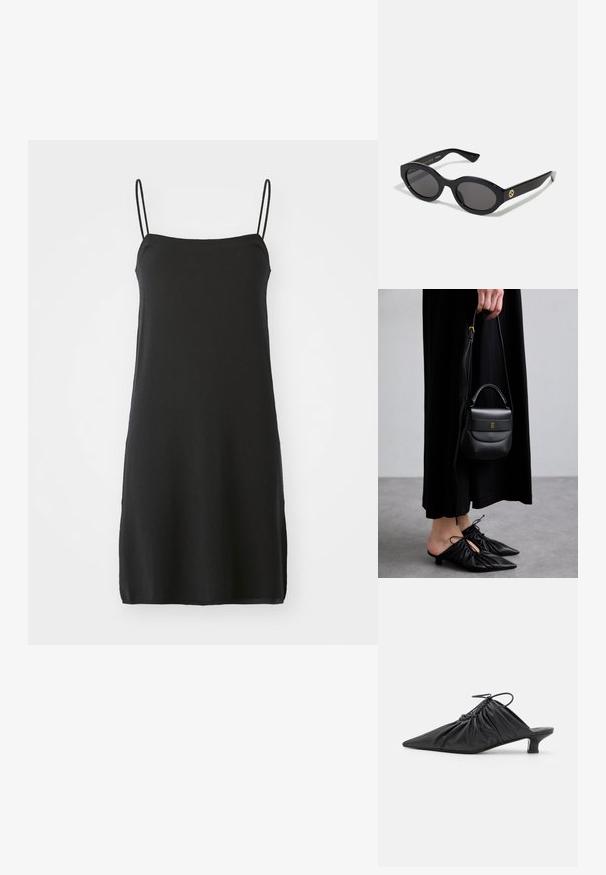 Melnas bez piedurknēm kleita ar plānām siksnām, izgatavota no mīksta auduma. Taisna piegriezuma, ceļu garuma dizains, ar vienkāršu, vienkrāsainu izskatu bez rakstiem.; Melnas ādas slīdējošās muļas ar piltuves formu, sakopotu tekstūru un mazu kaķu papēdi. Iezīme ir aukliņas detaļa pie atvēruma.; Melnas ovālās saulesbrilles ar tumšiem stikliem un spīdīgu plastmasas rāmi. Iezīmētas ar zelta logo uz tempļa, nodrošinot elegantu un modernu dizainu.; Maza melna ādas rokassoma ar noapaļotu formu, augšējo rokturi un noņemamu siksnu. Valkāta kopā ar melnu auduma kleitu un melniem kroku apaviem.