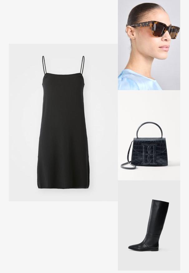 Vestido preto sem mangas com alças finas, confeccionado em tecido suave. Corte reto, com um comprimento até ao joelho, apresenta uma cor sólida simples, sem padrões.; Bota preta de couro até ao joelho com bico fino e design minimalista. Textura suave e sola plana, apresentando discretos detalhes de costura lateral.; Óculos de sol em tartaruga com uma armação retangular e robusta. Lentes escuras e detalhes em tom dourado nas hastes. Acabamento suave e brilhante.; Bolsa de pele preta com estampa de crocodilo, de design estruturado, com alça de mão, correia ajustável e um detalhe de logotipo em destaque na frente.