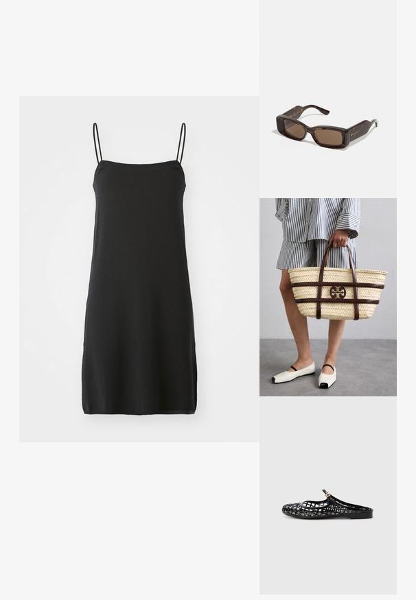 Abito nero senza maniche con spalline sottili, realizzato in tessuto morbido. Taglio dritto, design fino al ginocchio, presenta un colore semplice e uniforme senza motivi.; Tory Burch MELLOW MARY JANE - Ciabattine - perfect black/gold; Occhiali da sole Gucci con lenti rettangolari marroni, montatura in acetato tartarugato e dettagli del logo dorato sulle tempie.; Borsa tote in paglia intrecciata con accenti e manici in pelle marrone. Presenta un logo intagliato e bande orizzontali di contrasto.